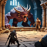 **Epic dungeon scene, "Hit2" game style, diverse player group battling a large boss monster, treasure and Creation Stone fragments scattered around.**