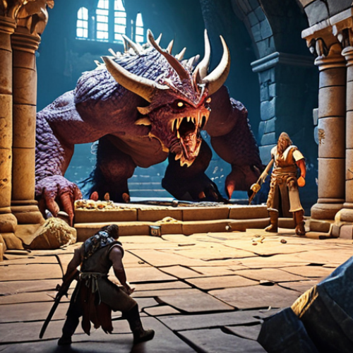 **Epic dungeon scene, "Hit2" game style, diverse player group battling a large boss monster, treasure and Creation Stone fragments scattered around.**
