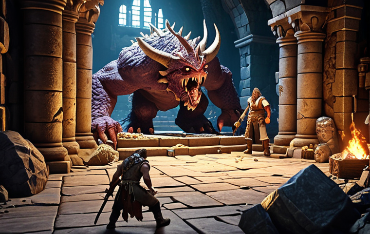 **Epic dungeon scene, "Hit2" game style, diverse player group battling a large boss monster, treasure and Creation Stone fragments scattered around.**
